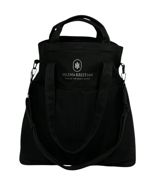 Black Organizer Black Raven, cotton tote bag inspired by Norway's mystical past, featuring black buckles and practical handles and straps.
