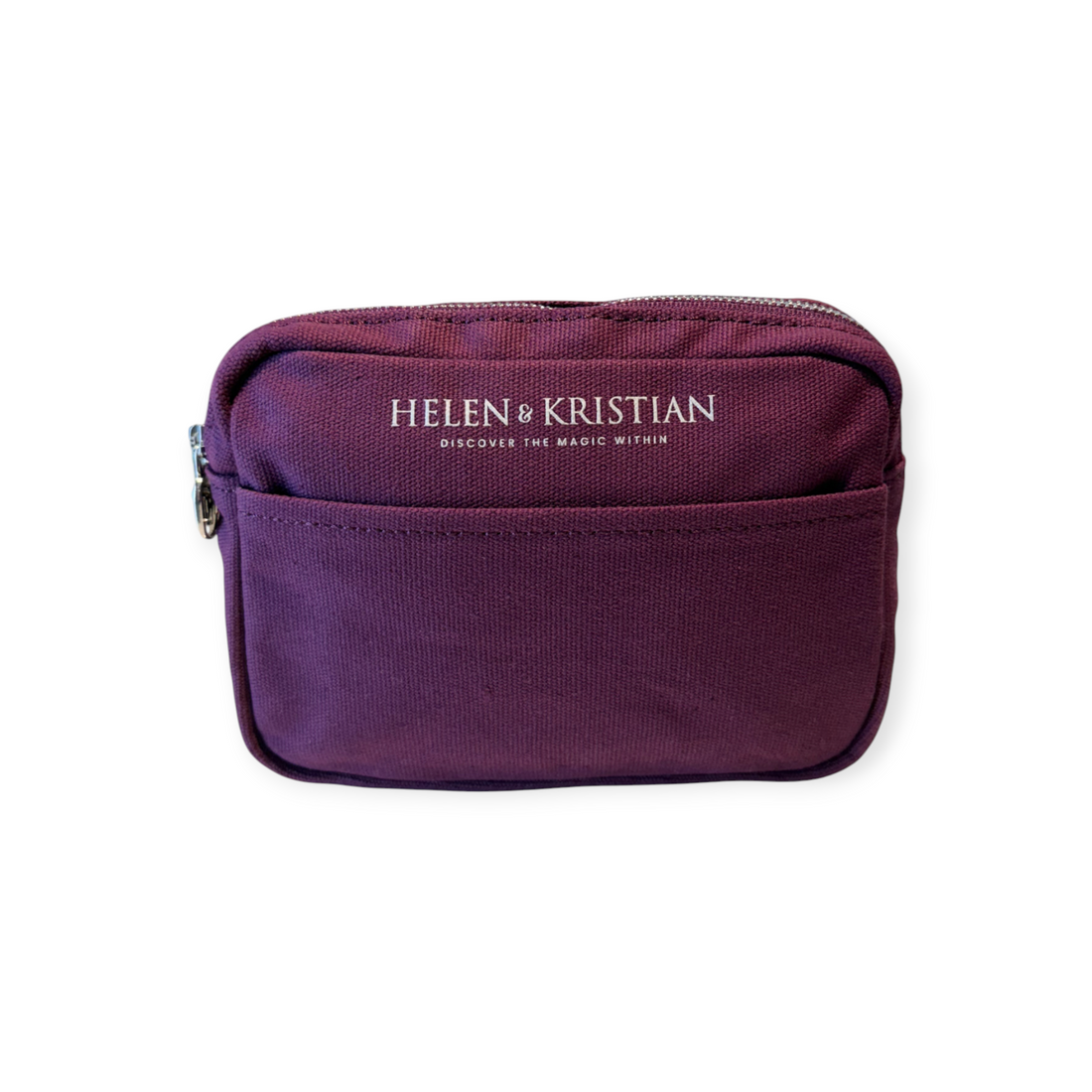 Purple pouch with 'Helen & Kristian' branding on a white background