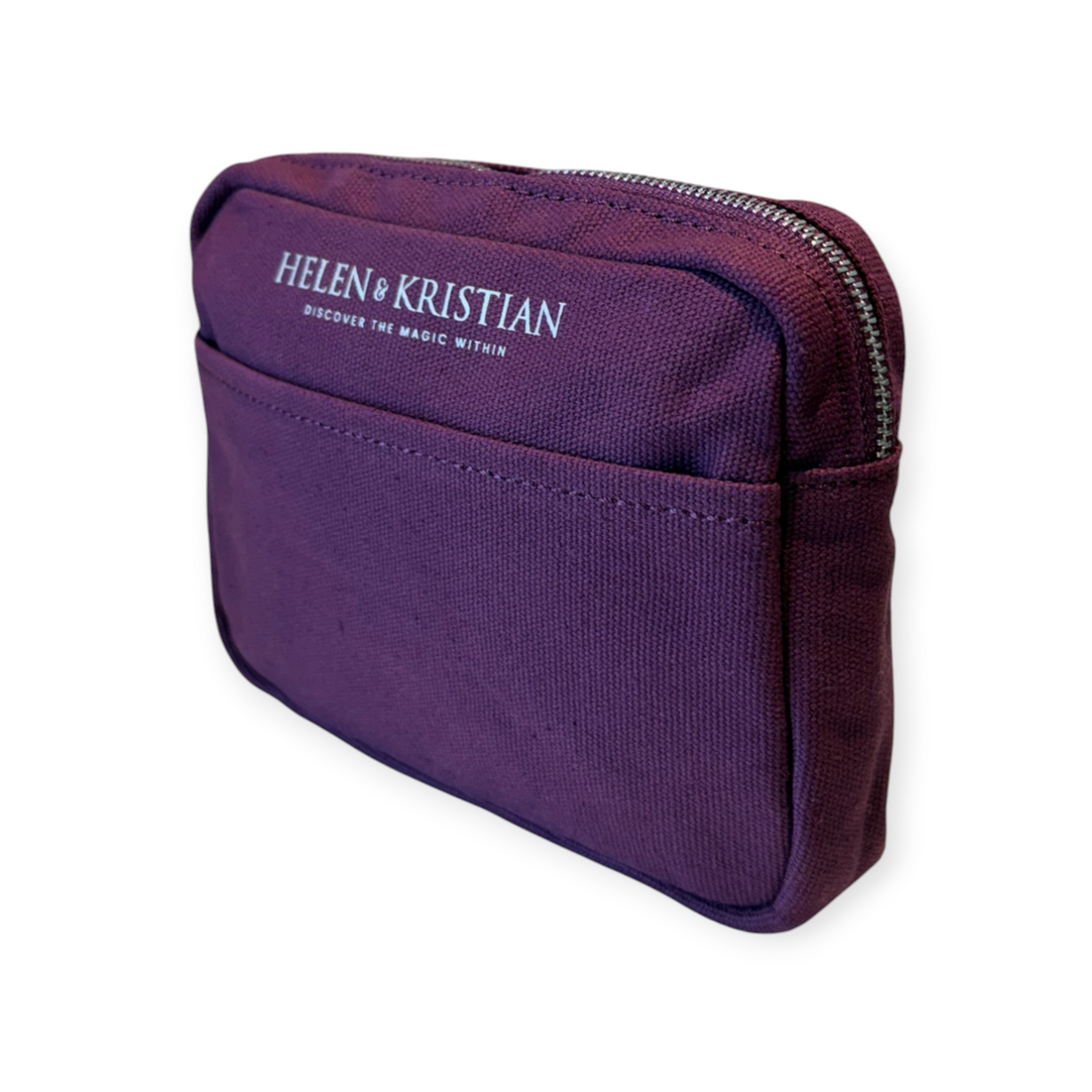 Purple pouch with 'Helen & Kristian' branding on a white background