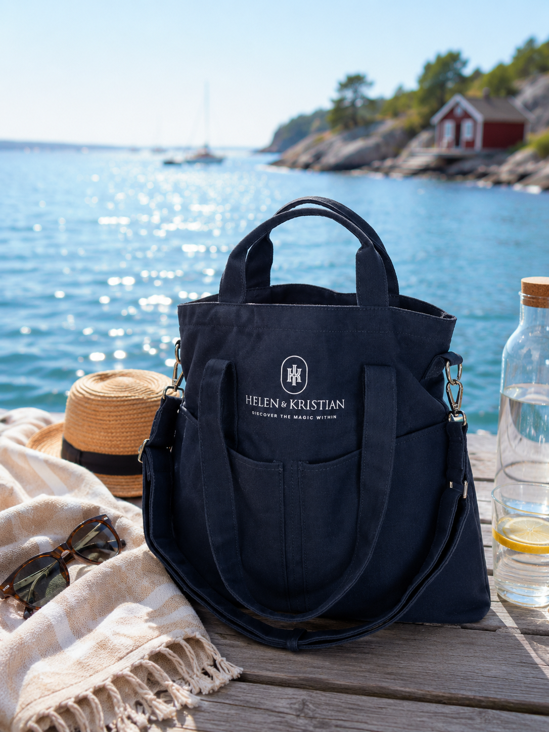 Organizer - Veske - Blueberry Mist med havutsikt, solhatte og vannflaske, perfekt for hverdagsbruk.