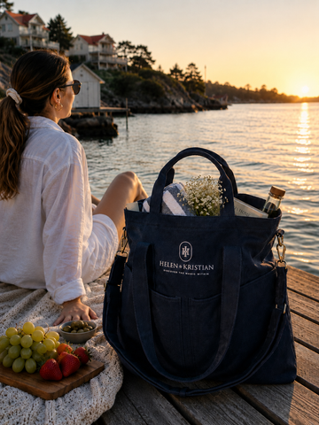 Kvinne som sitter ved vannet med Organizer - Veske - Blueberry Mist og nyter solnedgangen.