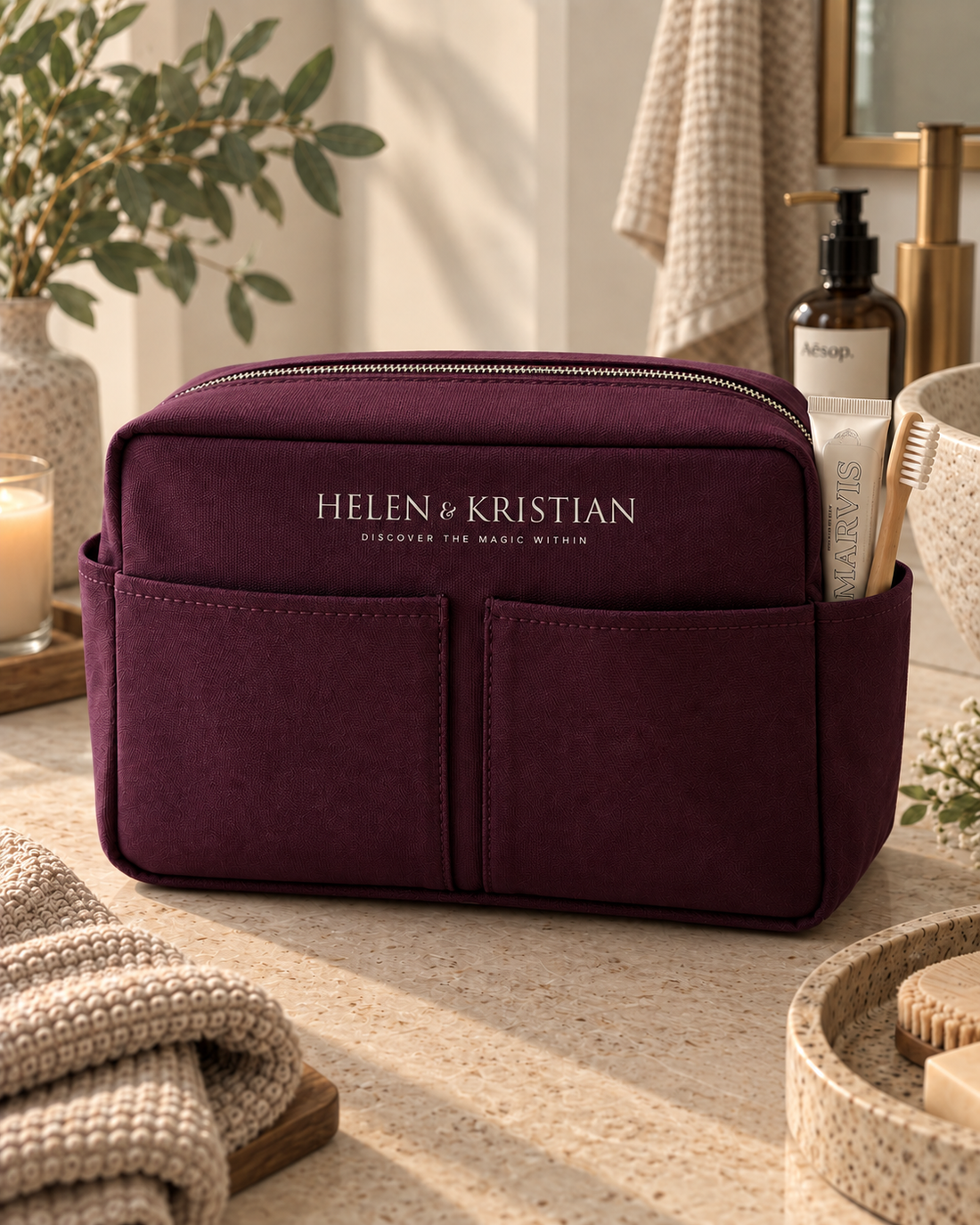 Nesty liten toalettmappe i fargen Dusky Plum – bomullscanvas fra Helen & Kristian