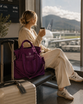 Kvinne med lys genser holder kaffekopp, sitter med Organizer - Veske - Dusky Plum på en benk ved flyplassen.