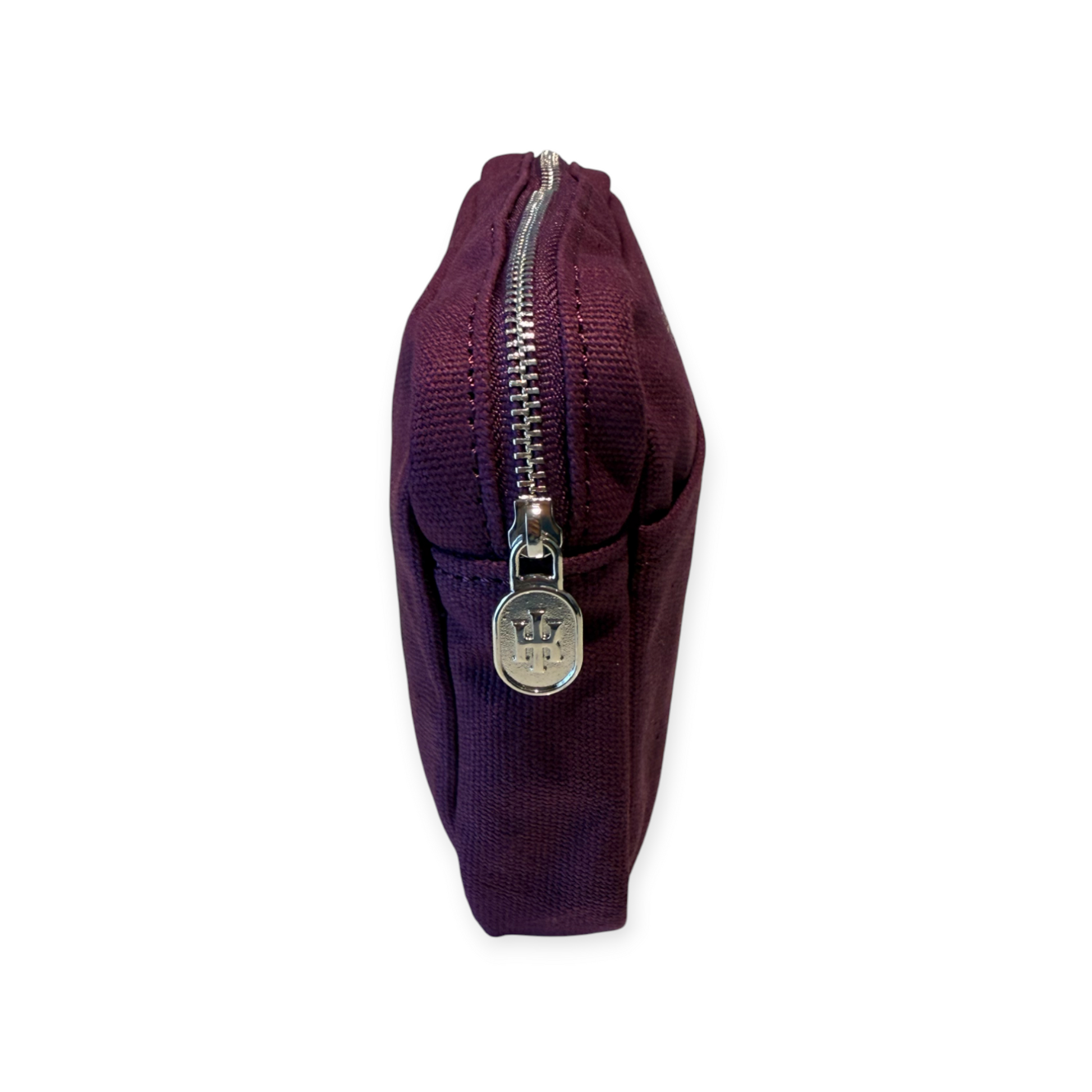 Purple pouch with a silver zipper on a white background