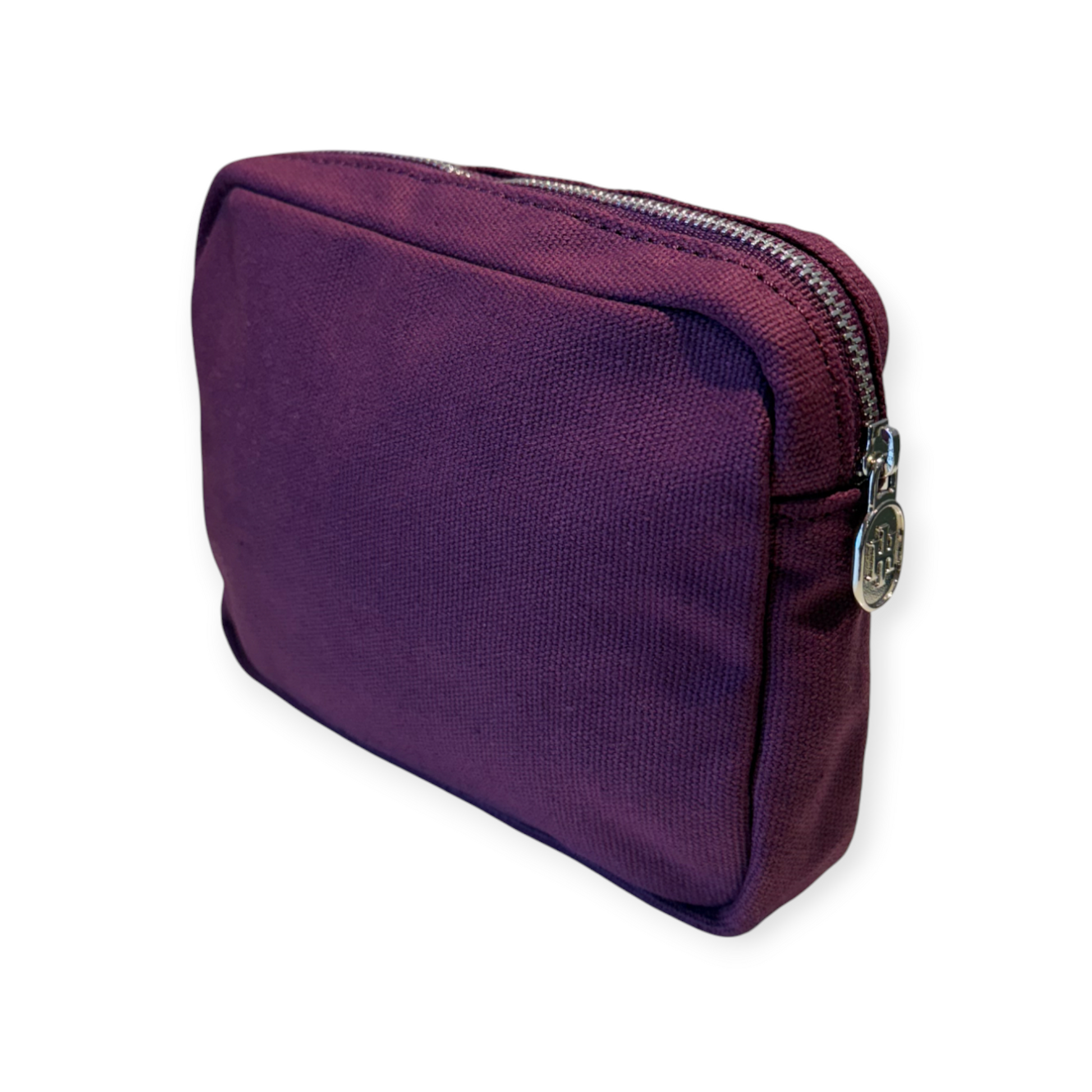 Purple zippered pouch on a white background