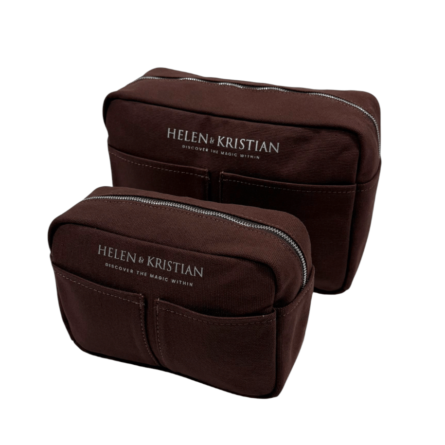 Two brown cosmetic bags with 'Helen & Kristian' branding on a white background