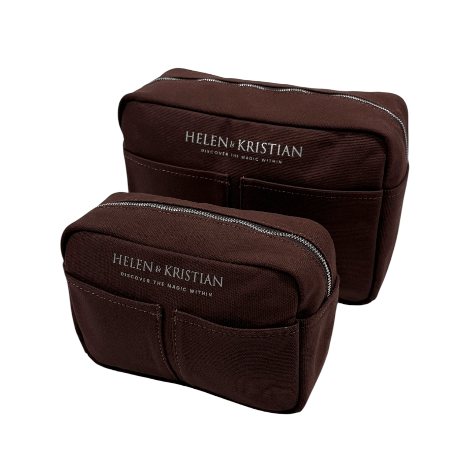 Two brown cosmetic bags with 'Helen & Kristian' branding on a white background