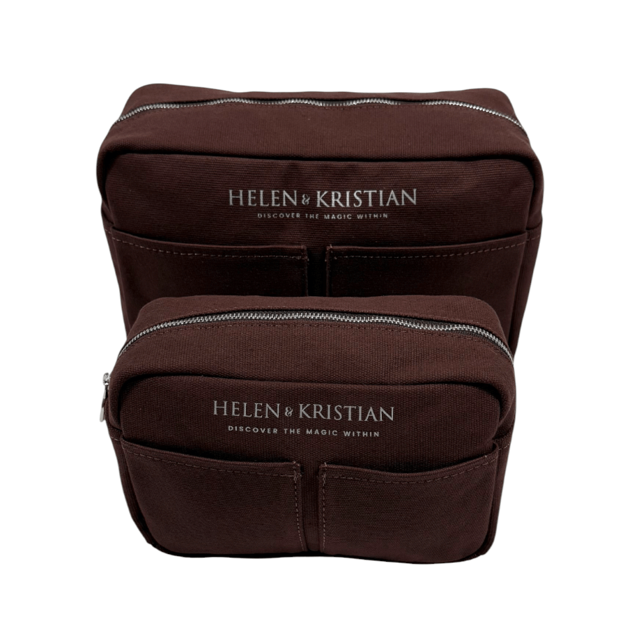Two brown toiletry bags with 'Helen & Kristian' branding on a white background