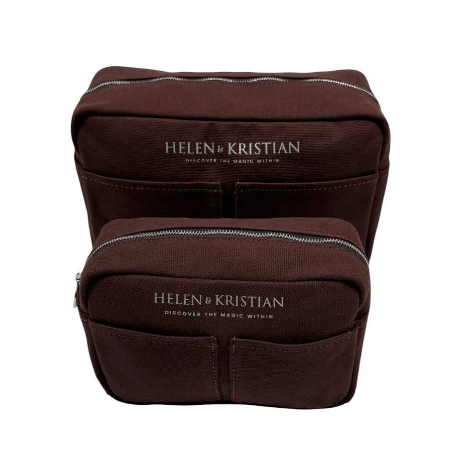 Two brown toiletry bags with 'Helen & Kristian' branding on a white background