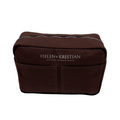 Brown cosmetic bag with 'Helen & Kristian' branding on a white background