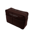 Brown cosmetic bag with 'Helen & Kristian' branding on a white background