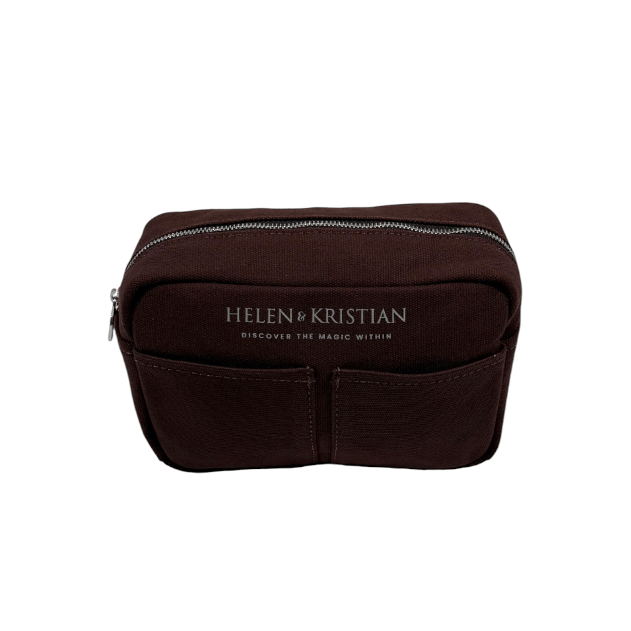 Brown cosmetic bag with 'Helen & Kristian' branding on a white background