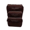 Set of three brown cosmetic bags with 'Helen & Kristian' branding on a white background