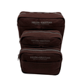 Set of three brown cosmetic bags with 'Helen & Kristian' branding on a white background
