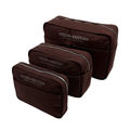 Three brown toiletry bags with 'Helen & & Kristian' branding on a white background