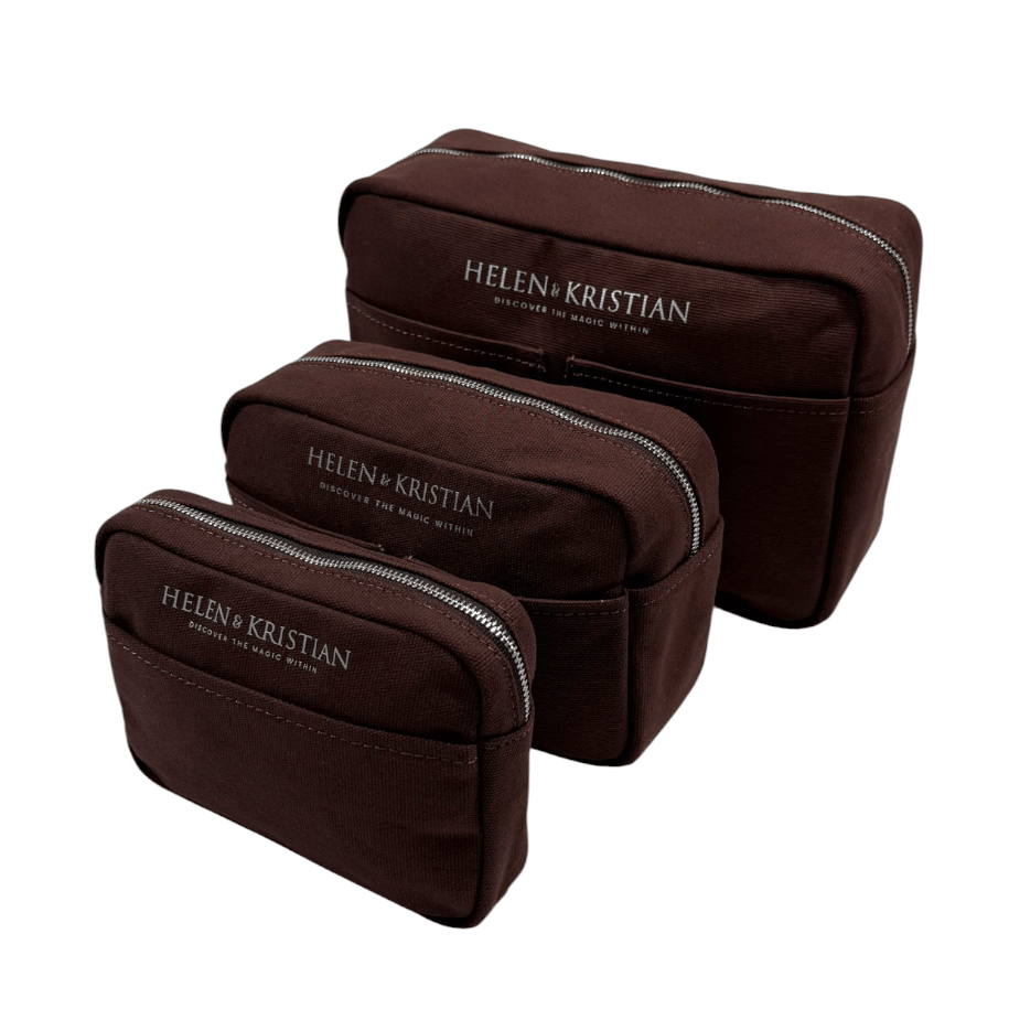 Three brown toiletry bags with 'Helen & Kristian' branding on a white background