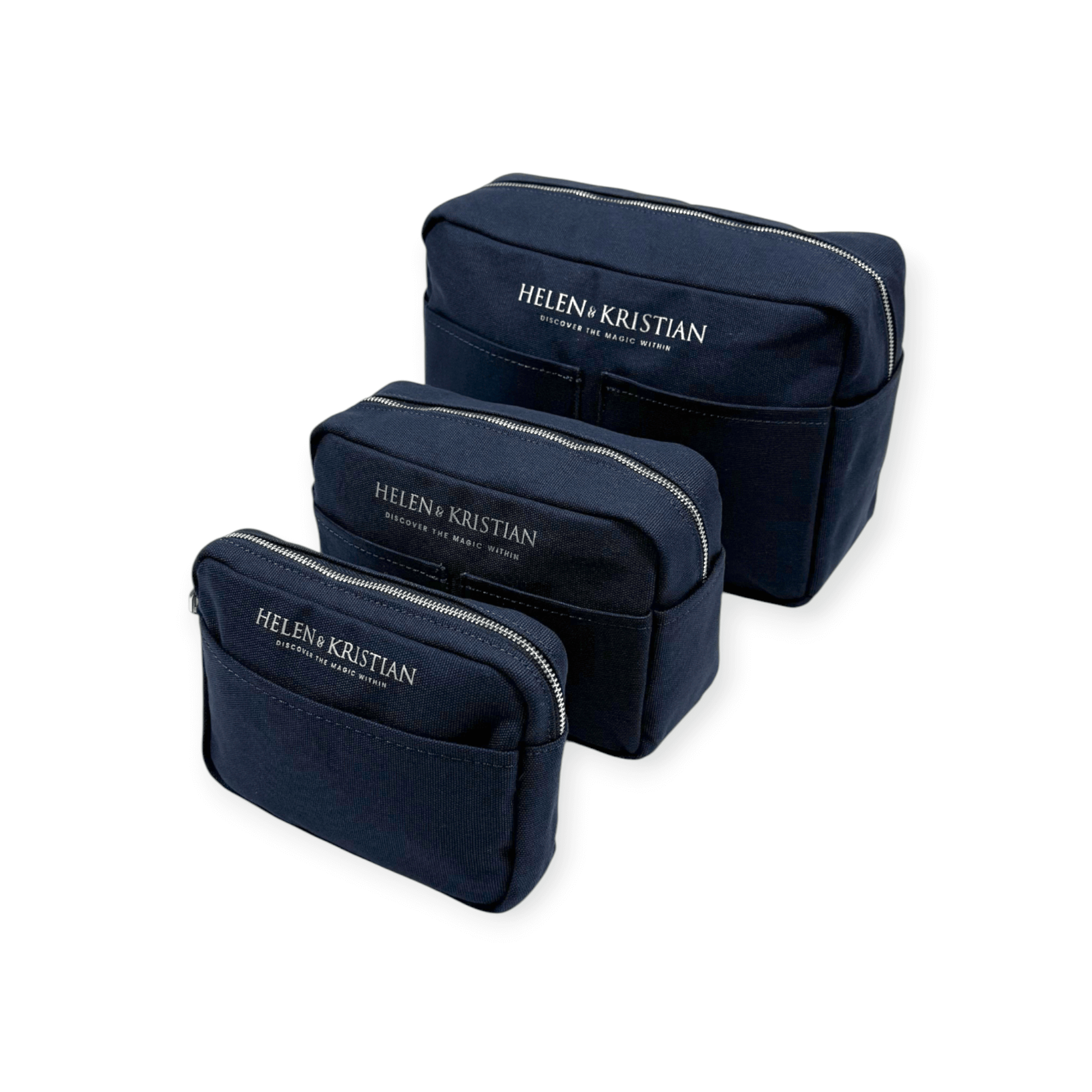 Set of three navy blue clutch bags with label 'Helen Kristian'. Ideal for organizing items like keys, wallet, and phone.