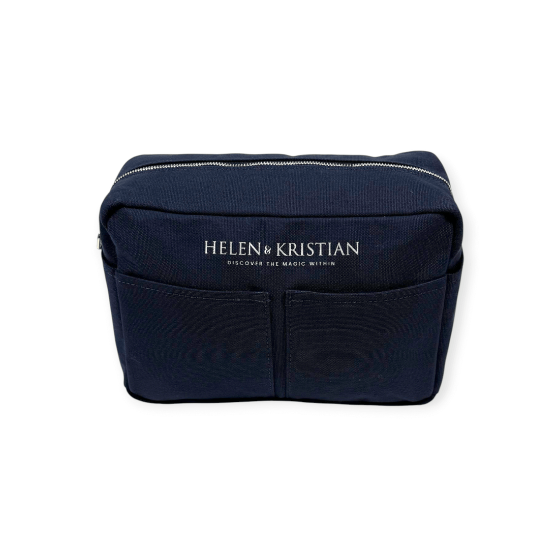 Navy blue cosmetic bag with 'Helen & Kristian' branding on a white background