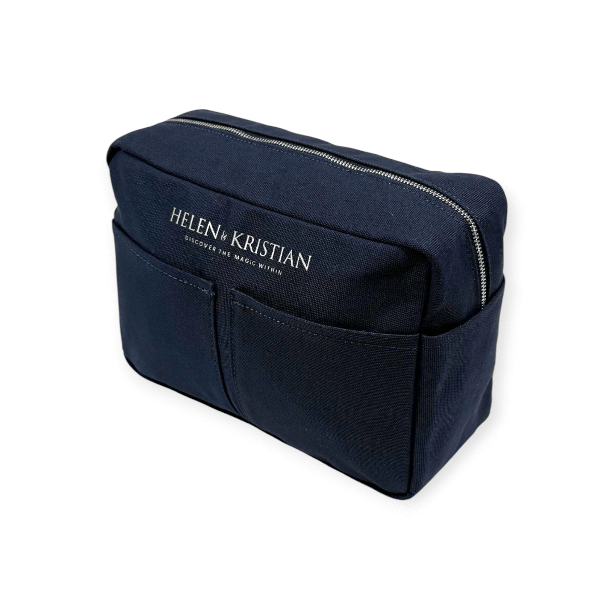Navy blue cosmetic bag with 'Helen & Kristian' branding on a white background