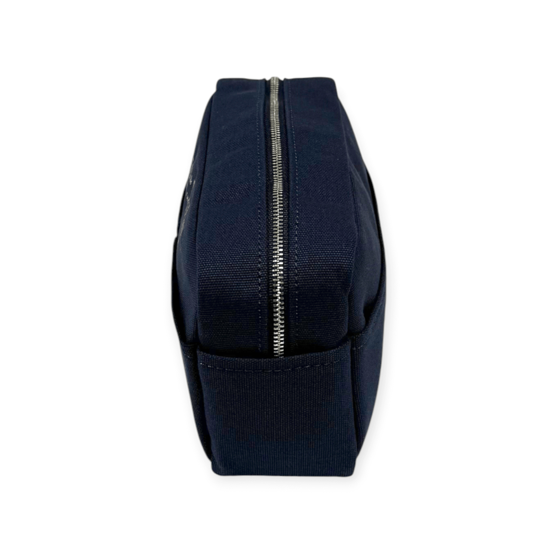 Side view of Blueberry Mist Small Toiletry Bag by Nesty, showcasing the sleek design and durable zipper for travel essentials.