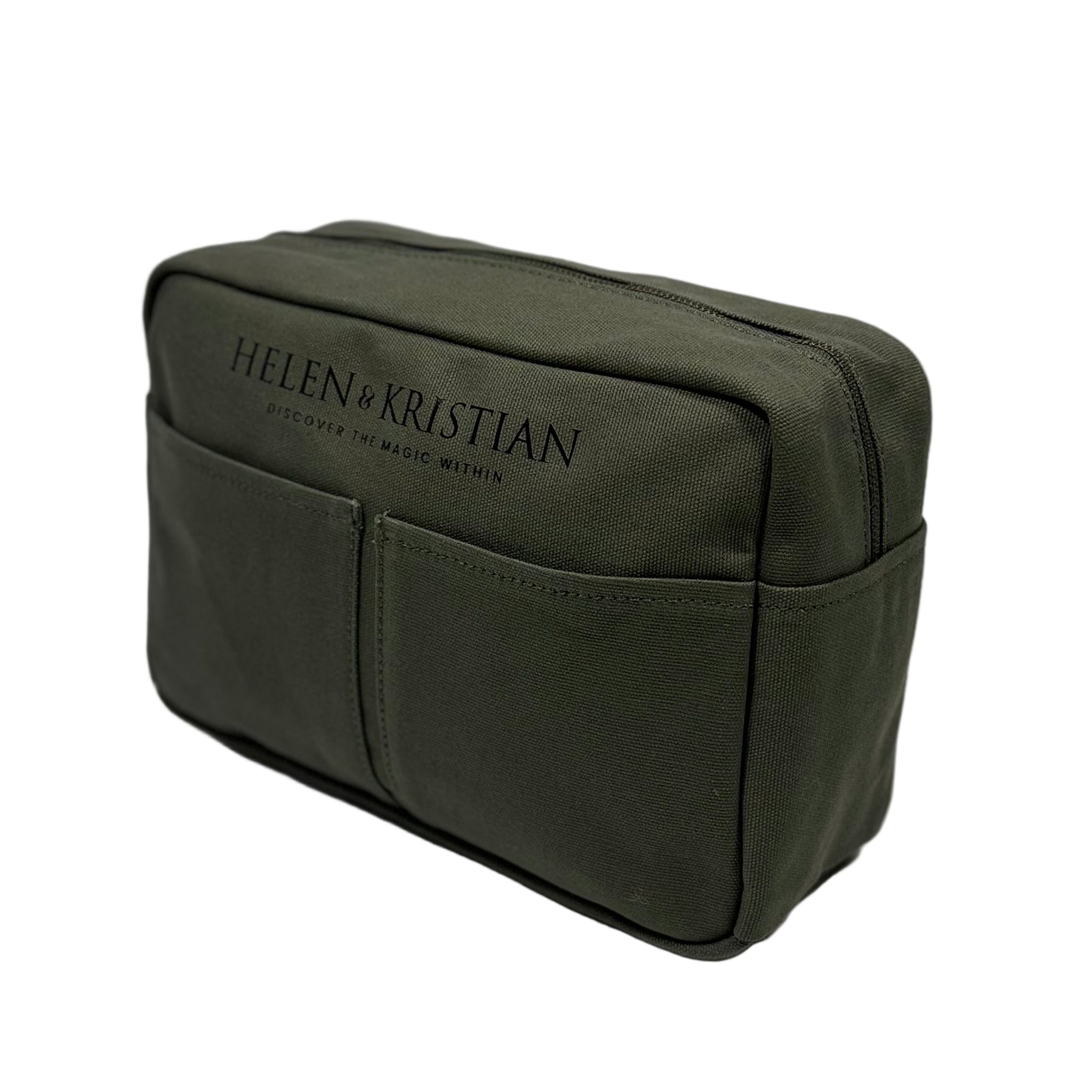 Green toiletry bag with 'Helen & Kristian' branding on a white background