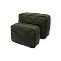 Two green toiletry bags with 'Helen & Kristian' branding on a white background