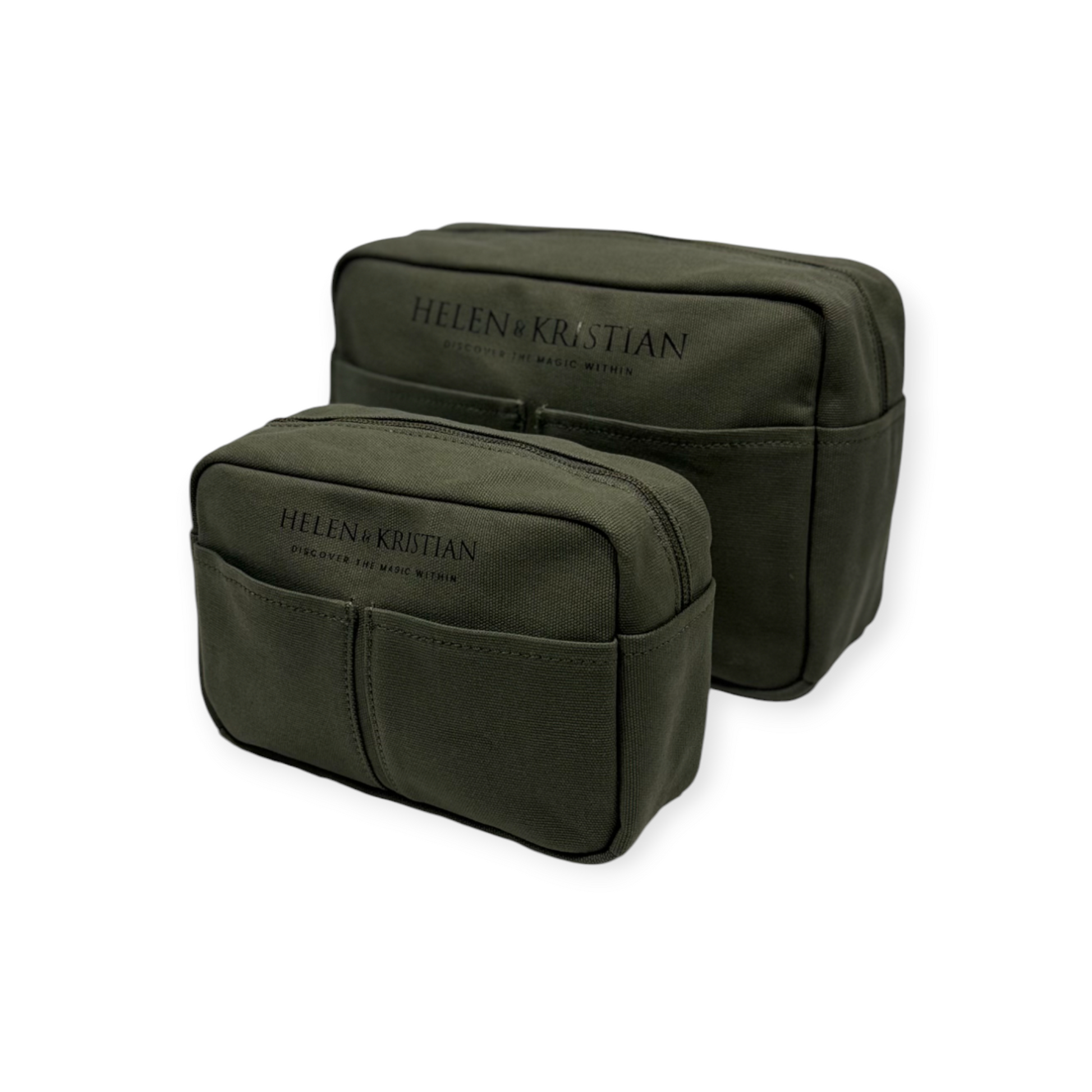 Two green toiletry bags with 'Helen & Kristian' branding on a white background