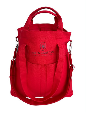 Red Aurora Flame organizer bag with Helen & Kristian logo