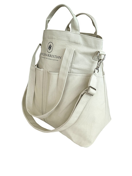 Organizer Frost Whisper bag with multiple pockets, showcasing soft muted tones inspired by mystical Norwegian peatlands.