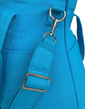 Close-up of ice blue Nordic Wave organizer with metal buckle and strap detail, showcasing durable stitching and fabric quality.