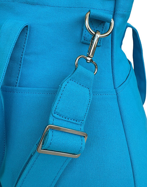 Close-up of ice blue Nordic Wave organizer with metal buckle and strap detail, showcasing durable stitching and fabric quality.