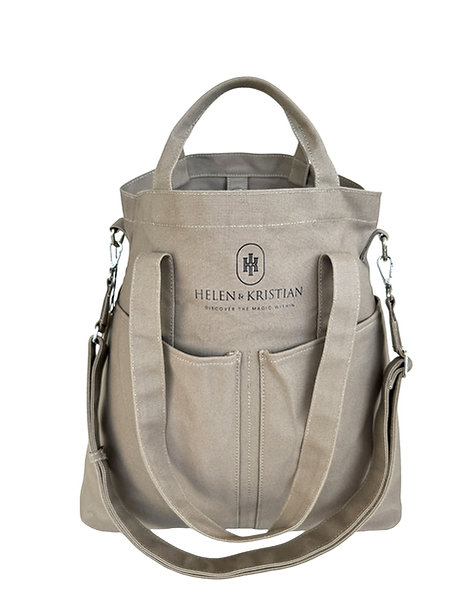 Beige Viking Haze organizer bag with Helen & Kristian logo, symbolizing Norway's mystical past and the timeless beauty of peatlands fog.